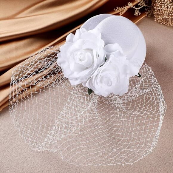 Fascinators - White Derby Hat Elegant Tea Party with Veil Floral - Picture 4 of 10